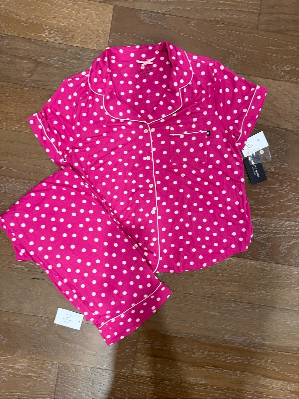 kate spade Bright Pink Polka Dot Short Sleeve Ling Pants Pajama Set